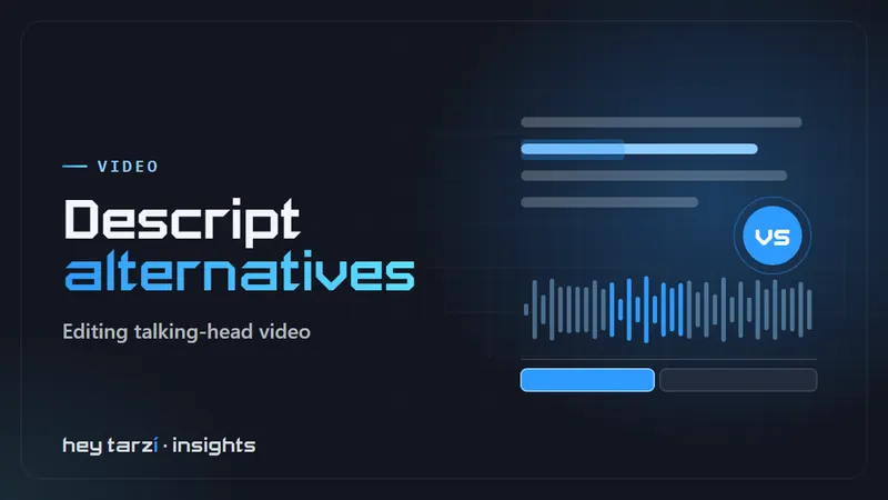 Cover for Descript Alternatives: transcript lines and an audio waveform with a highlighted section, a vs badge and an editing timeline