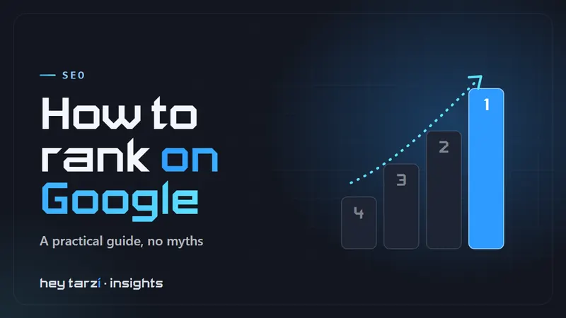Cover for How to Rank on Google: four ranking bars rising to a highlighted first place, with a dotted path climbing to the top