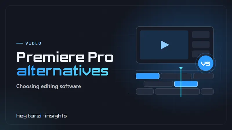 Cover for Premiere Pro Alternatives: a video preview window above a multi-track editing timeline with a playhead and a vs badge