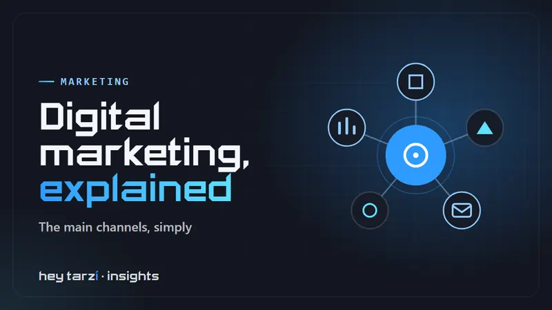Cover for What Is Digital Marketing: a central target linked to five channel icons for search, social, email, ads and analytics
