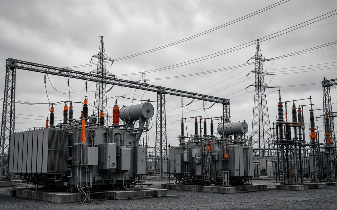 A substation with transformers and lattice pylons under grey cloud