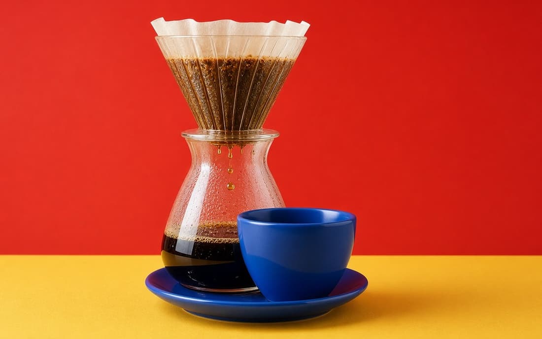 A glass pour-over brewer and a blue cup on a red and yellow set