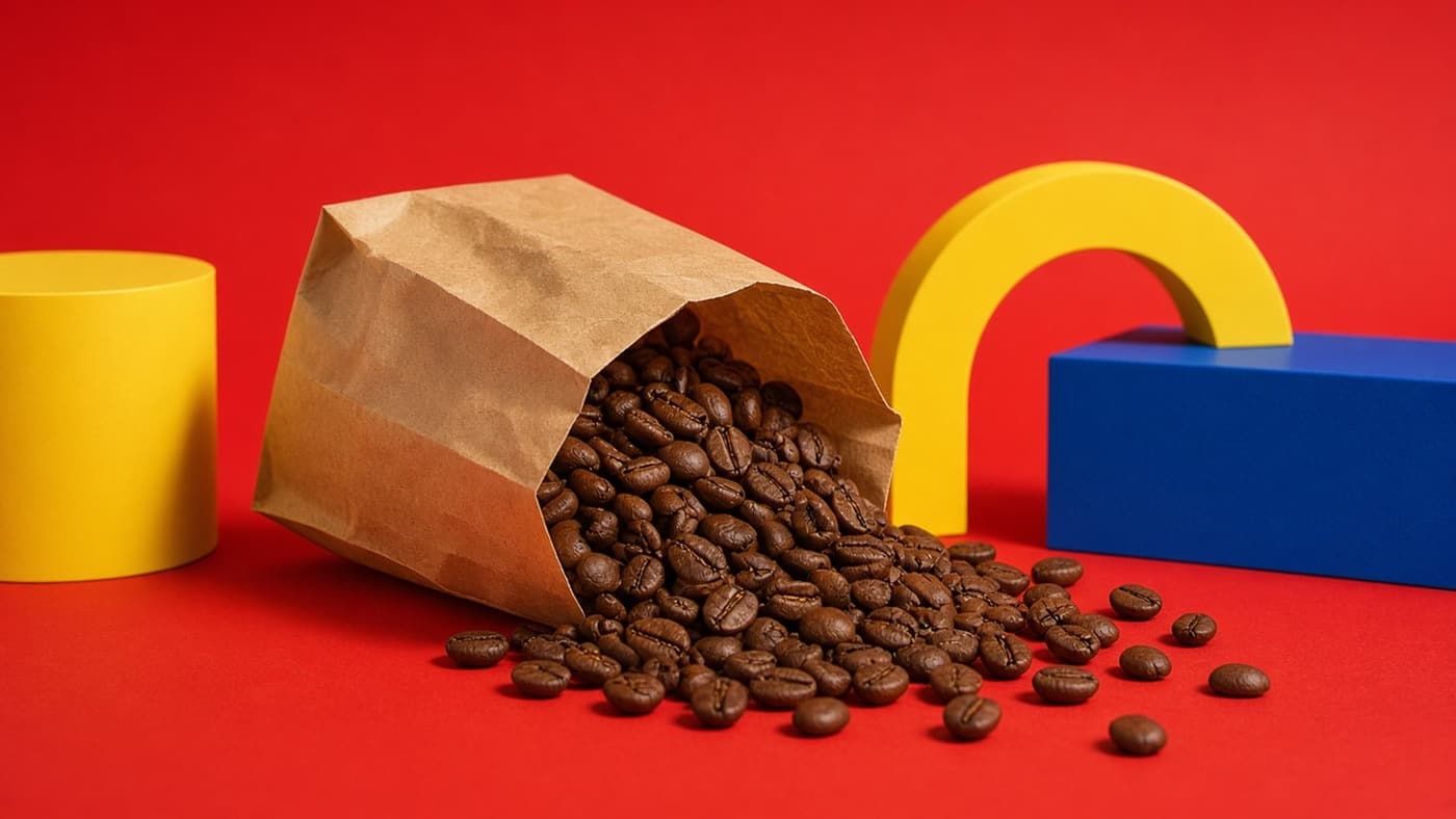 A paper bag spilling roasted beans across a red set with yellow and blue blocks