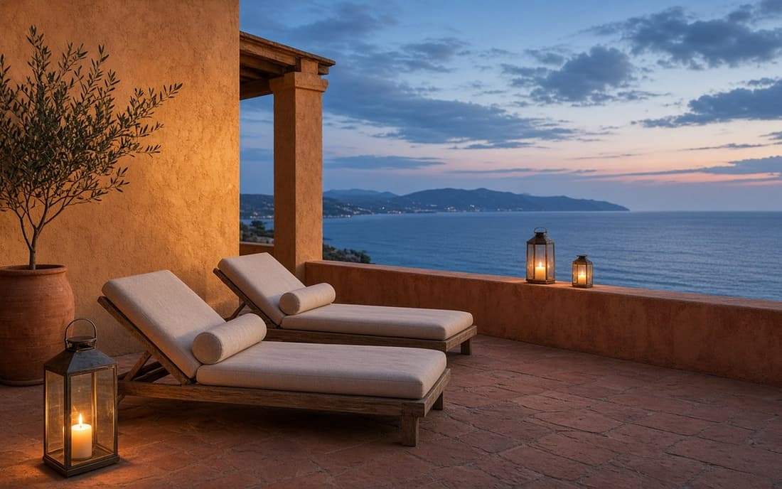 Two loungers on a terracotta terrace with lanterns, the bay at dusk
