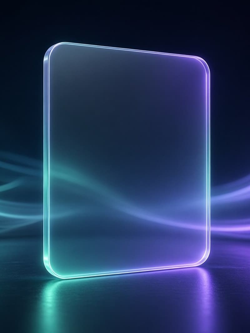 A single glass card standing upright in a glow of blue and violet light