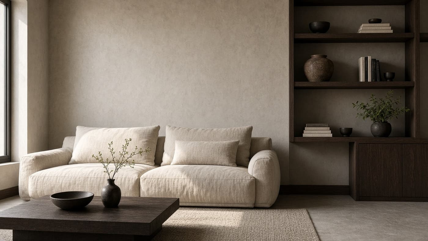 A calm living room with a linen sofa, dark timber shelving and soft window light