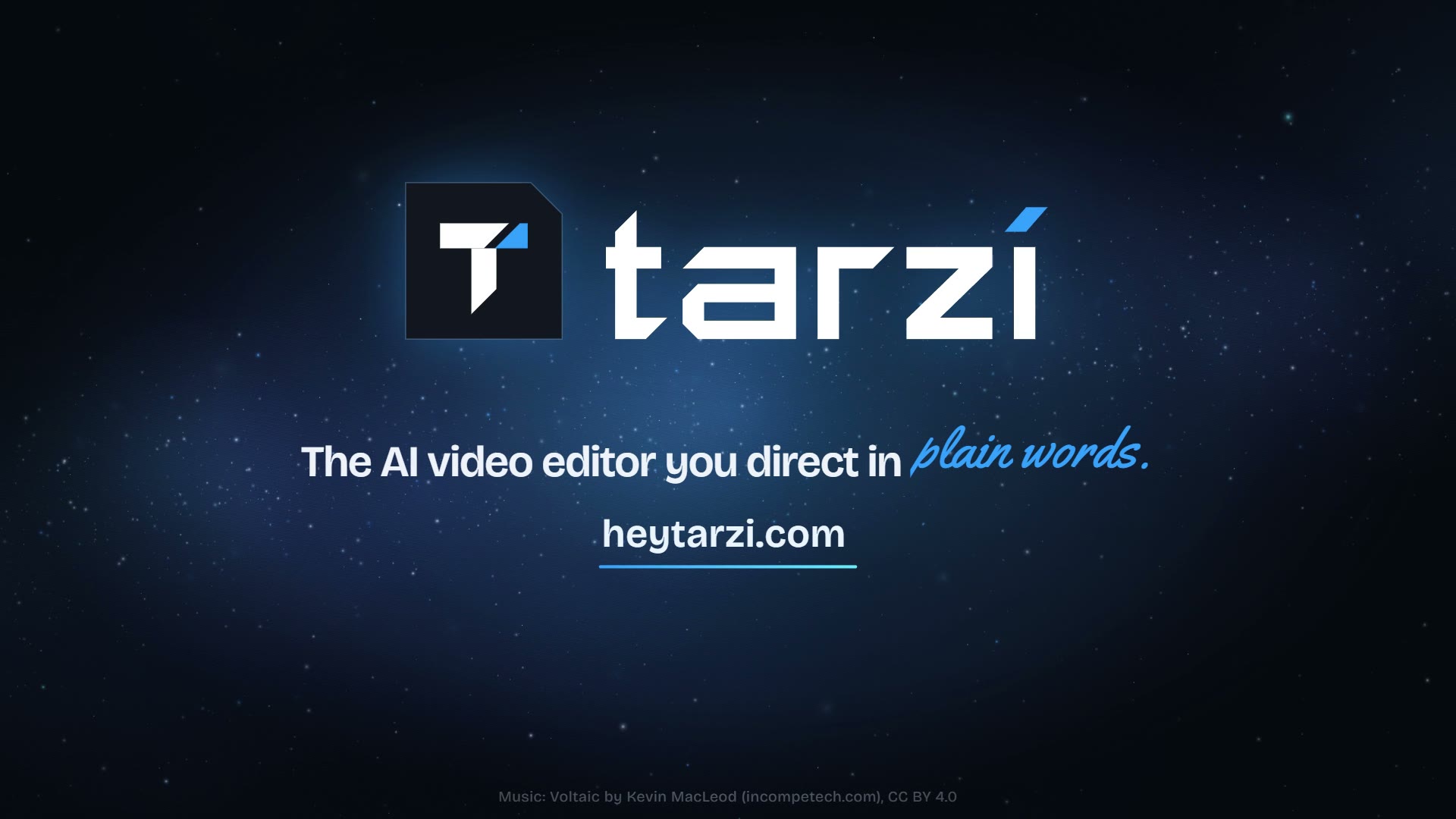 Tarzi Editor title frame: the AI video editor you direct in plain words