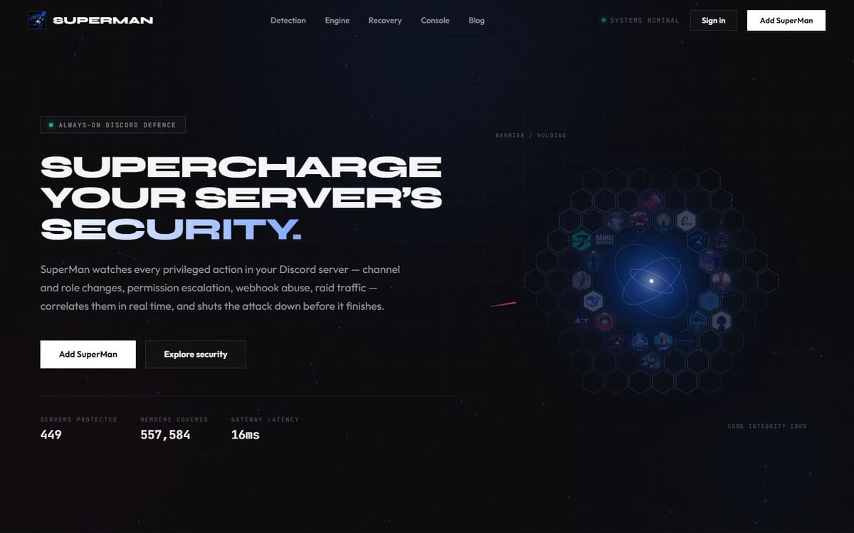 SuperMan website home page: black hero with the headline Supercharge your server's security and a glowing shield graphic